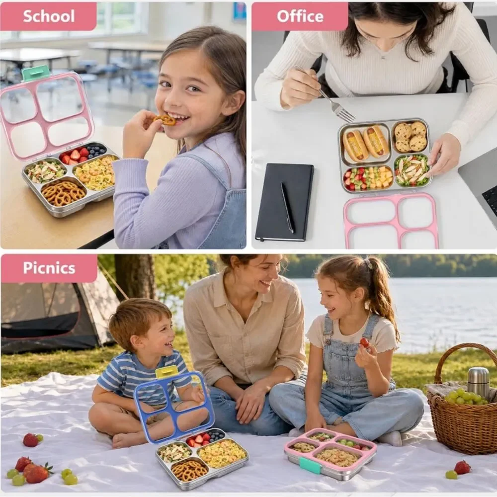NEW Stainless Steel Bento Lunch Box 4 Cups Pink